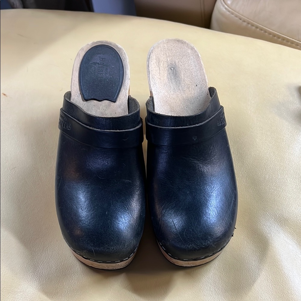 Swedish Hasbeen Black Leather Clogs